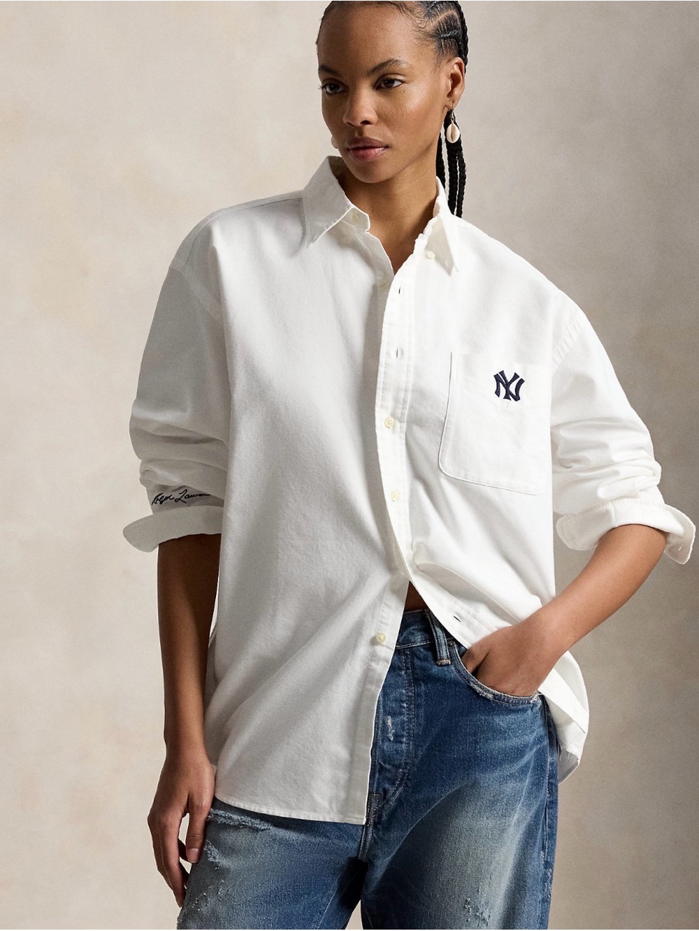 Ralph Lauren White Button-Down Oxford Shirt with Navy NY Logo
